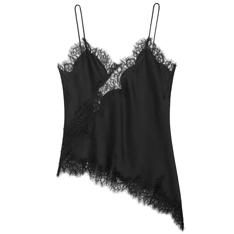 Women's Lace Trim Camisole Top – V Neck Spaghetti Strap Open Back Summer
