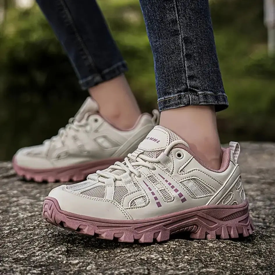 Women's Lace Up Hiking Trail Shoes – Mesh Upper Chunky Lug Sole Outdoor Sneakers