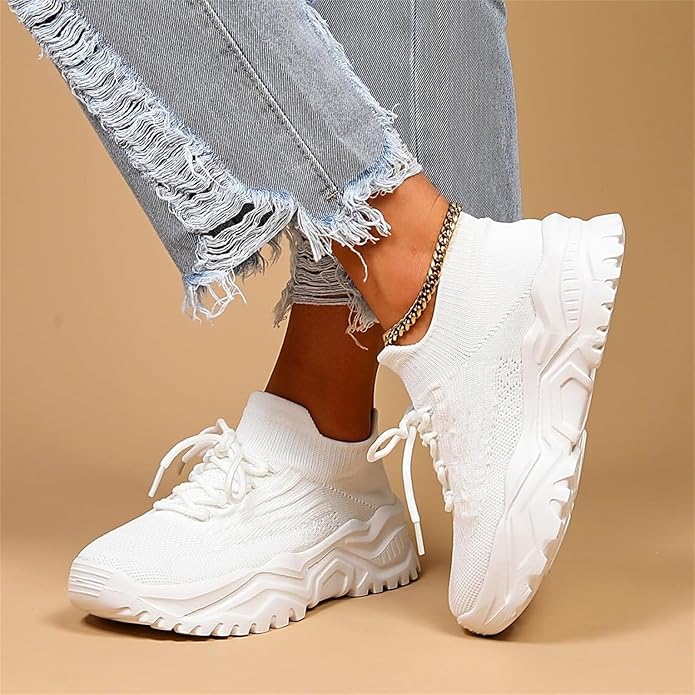 Women's Lace Up Knit Sock Sneakers – Chunky Ridged Sole Casual Walking