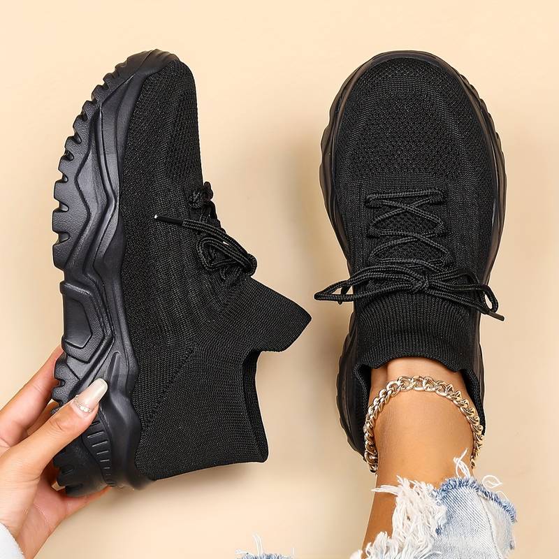 Women's Lace Up Knit Sock Sneakers – Chunky Ridged Sole Casual Walking