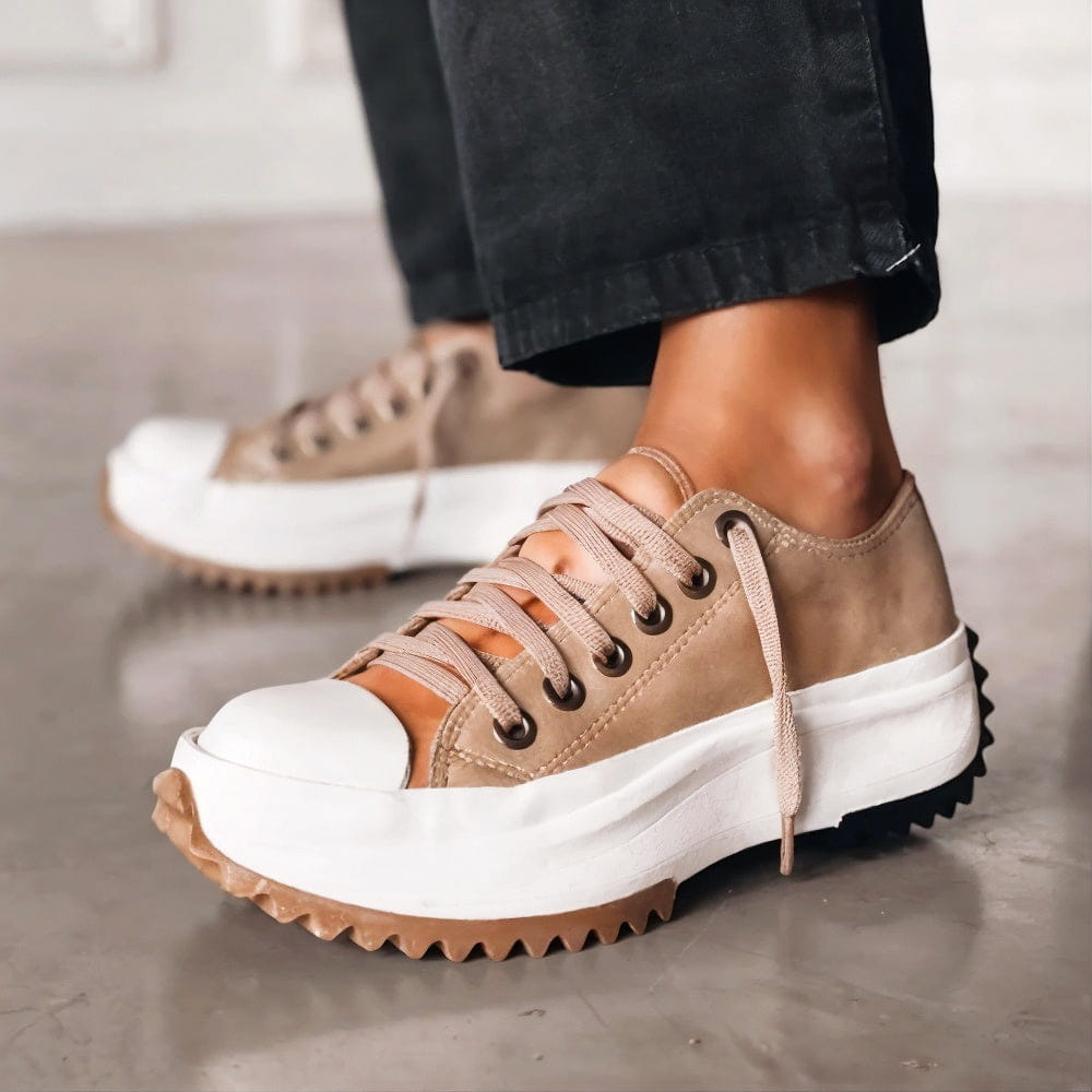 Women's Lace-Up Low Top Platform Sneakers – Serrated Lug Sole Toe Cap Street