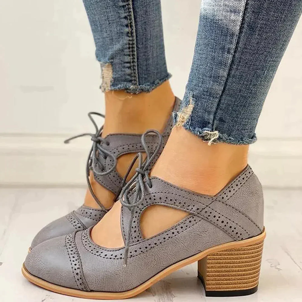 Women's Lace-Up Mary Jane Block Heel Pumps – Brogue Cutout Round Toe
