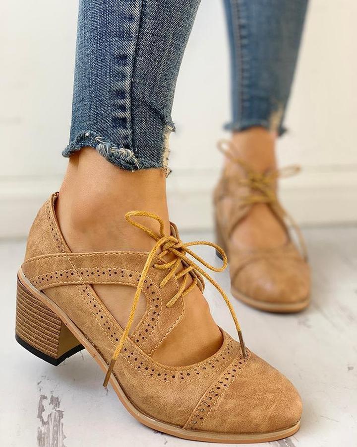 Women's Lace-Up Mary Jane Block Heel Pumps – Brogue Cutout Round Toe
