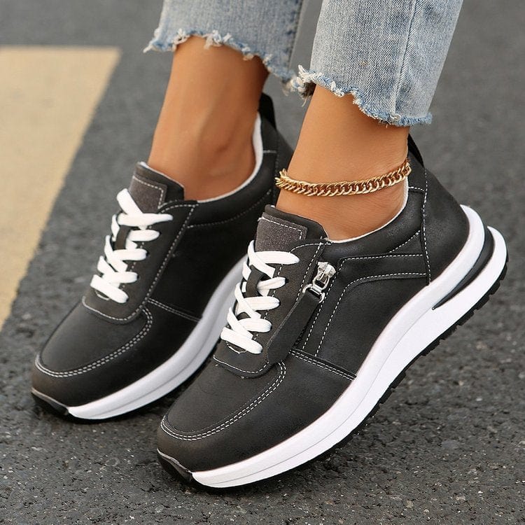 Women's Lace Up Zip Sneakers – Panelled Upper Platform Sole Casual