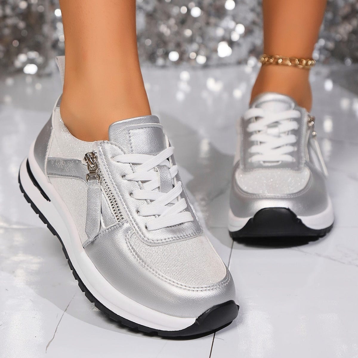 Women's Lace Up Zip Sneakers – Panelled Upper Platform Sole Casual