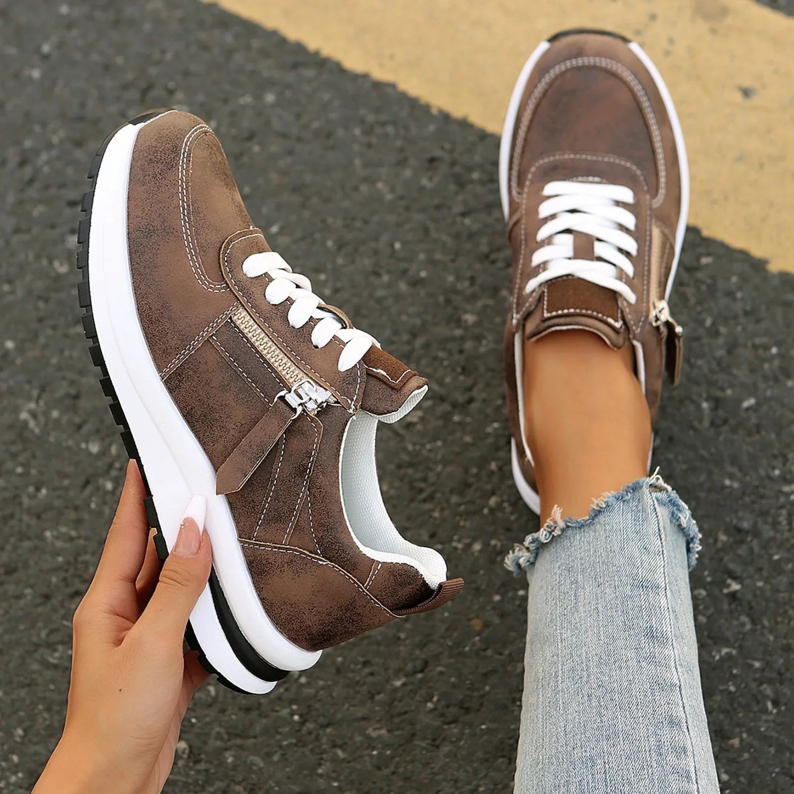 Women's Lace Up Zip Sneakers – Panelled Upper Platform Sole Casual