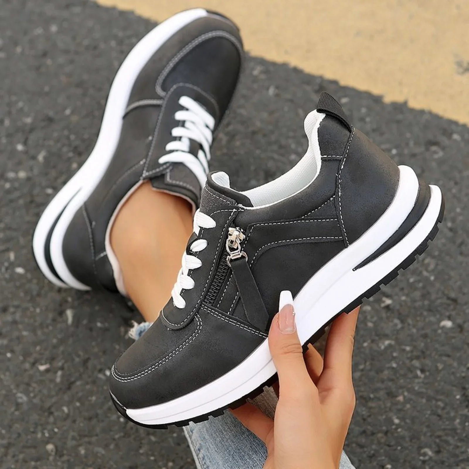 Women's Lace Up Zip Sneakers – Panelled Upper Platform Sole Casual