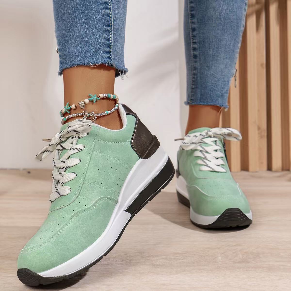 Women's Lace Up Zip Sneakers – Panelled Wedge Platform Sole Casual