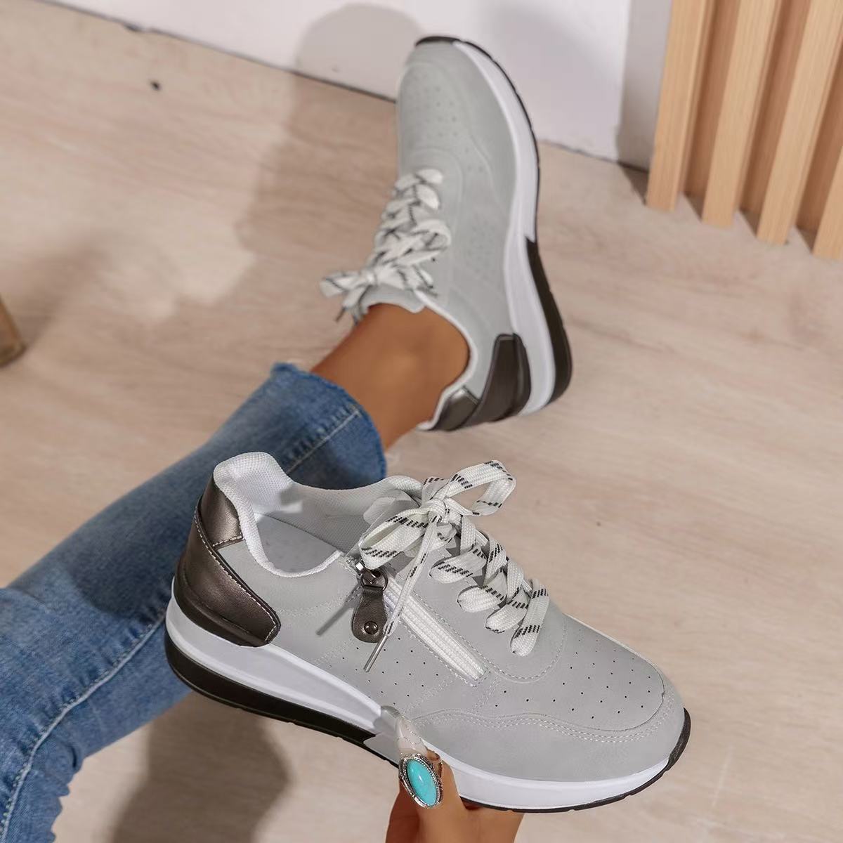 Women's Lace Up Zip Sneakers – Panelled Wedge Platform Sole Casual