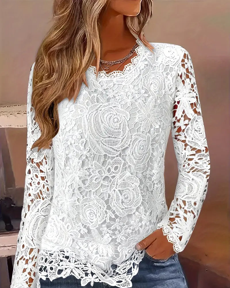 Women's Lace V-Neck Blouse – Long Sleeve Scallop Hem Casual Evening