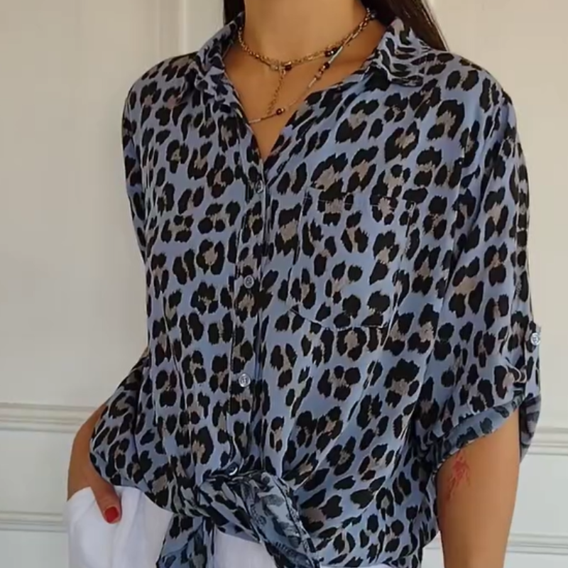 Women's Leopard Print Button Down Shirt – Point Collar Long Sleeve Casual