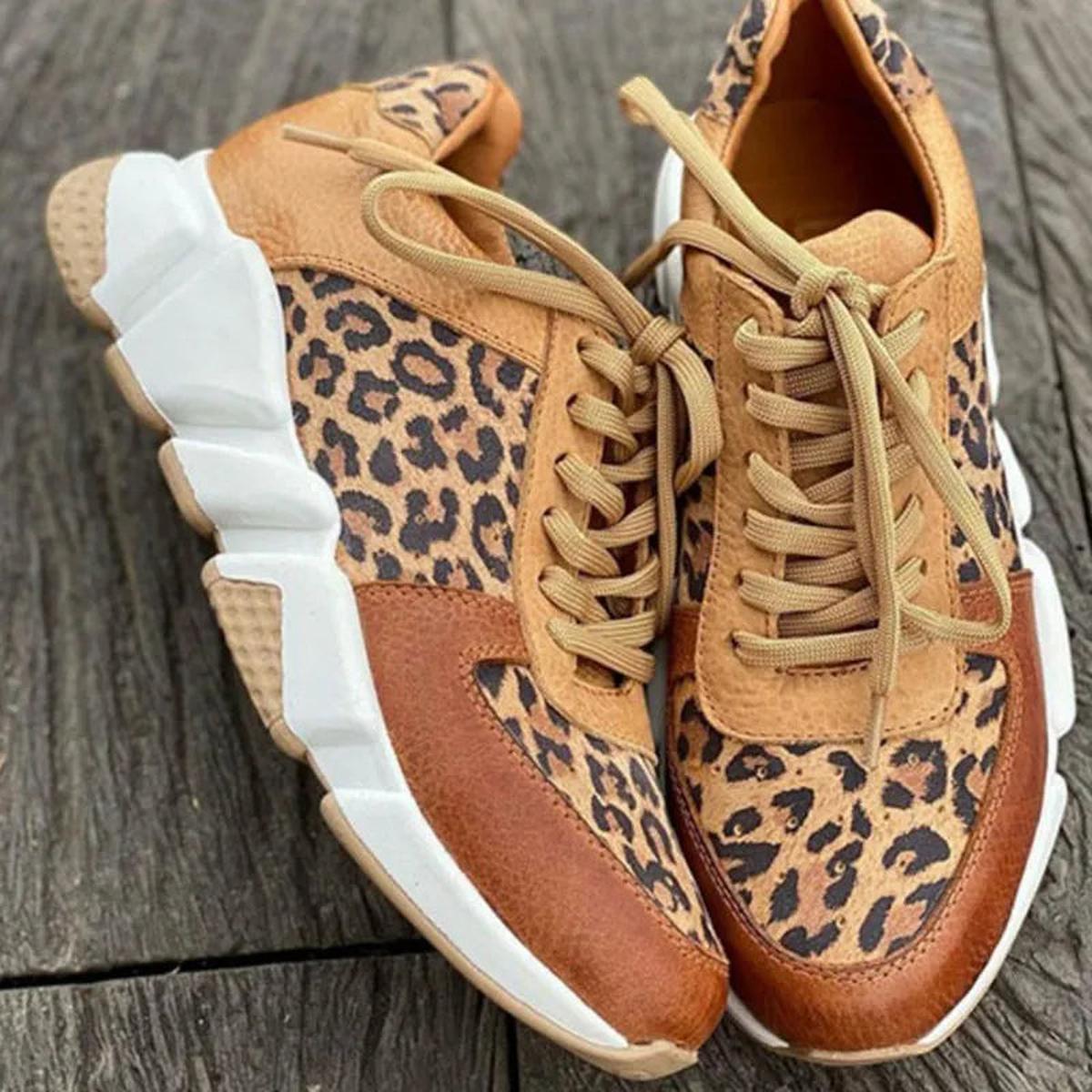 Women's Leopard Print Lace-Up Chunky Sole Sneakers – Color Block Low Top Casual