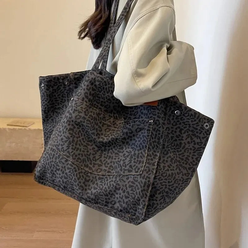 Women's Leopard Print Large Shoulder Tote Bag – Snap Side Open Top Casual