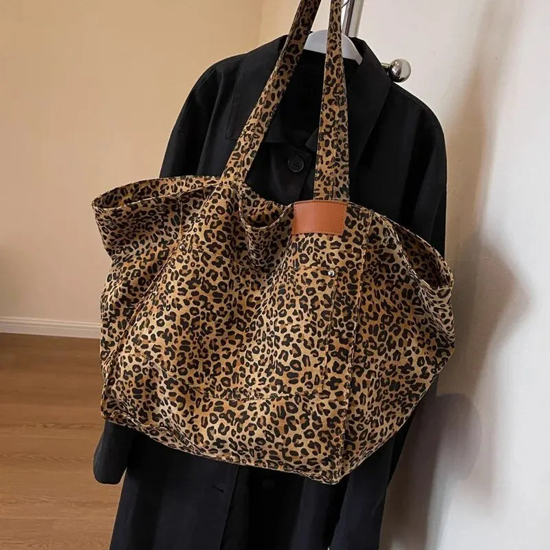 Women's Leopard Print Large Shoulder Tote Bag – Snap Side Open Top Casual