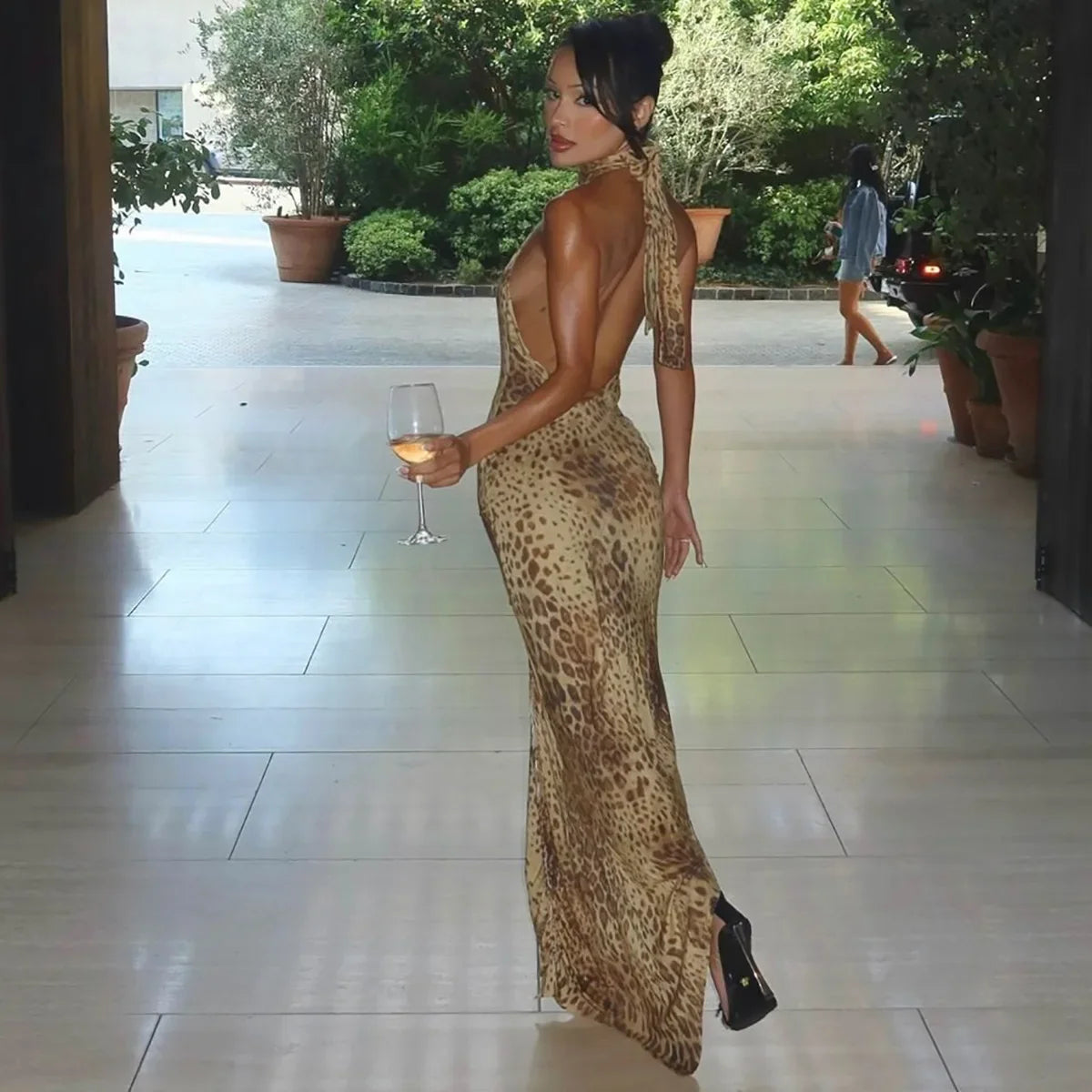 Women's Leopard Print Midi Dress – Halter Neck Backless Wedding Guest