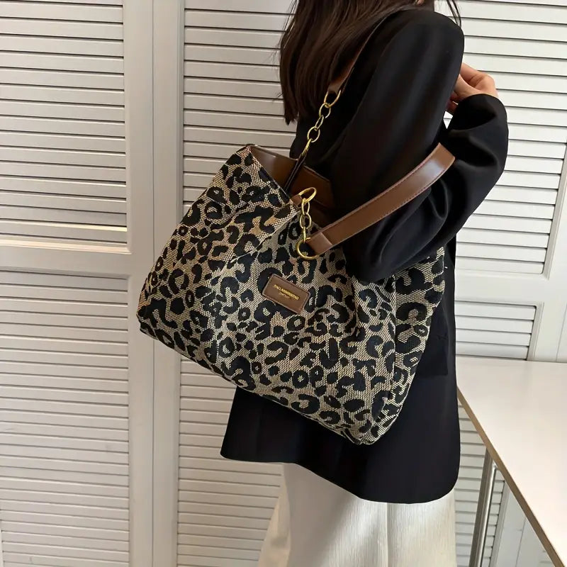 Women's Leopard Print Shoulder Bag – Dual Top Handle Large Work Travel