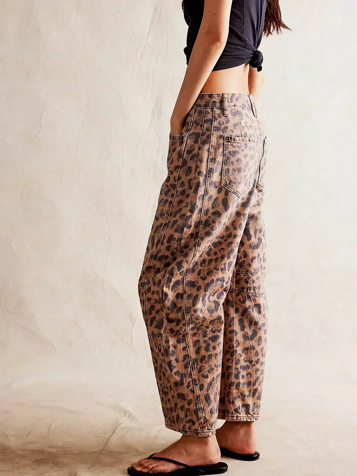 Women's Leopard Print Wide Leg Denim Jeans – High Waist Barrel Fit Casual