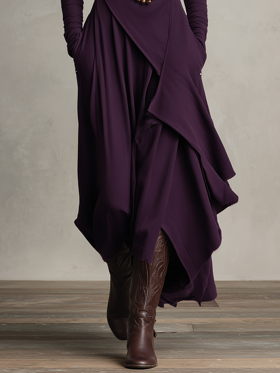 Women's Long Sleeve Turtleneck Wrap Maxi Dress – Asymmetric Hem Draped Pockets