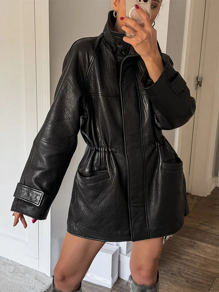 Women's Longline PU Jacket – Stand Collar Zip Front Drawstring Waist