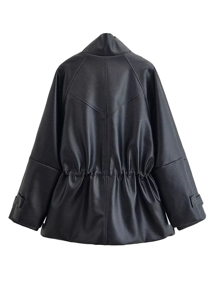Women's Longline PU Jacket – Stand Collar Zip Front Drawstring Waist
