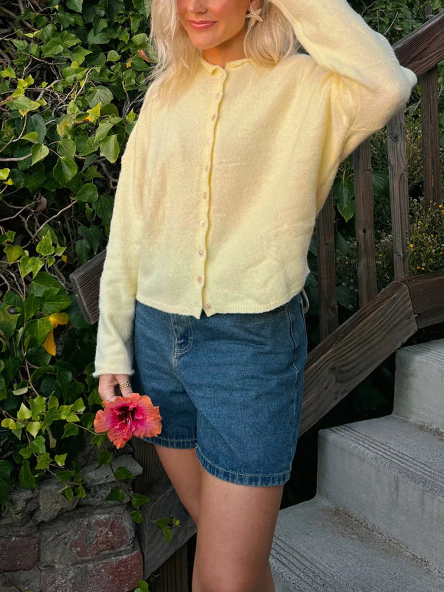 Women's Loose Fit Round Neck Cardigan – Button Front Long Sleeve Knit Sweater