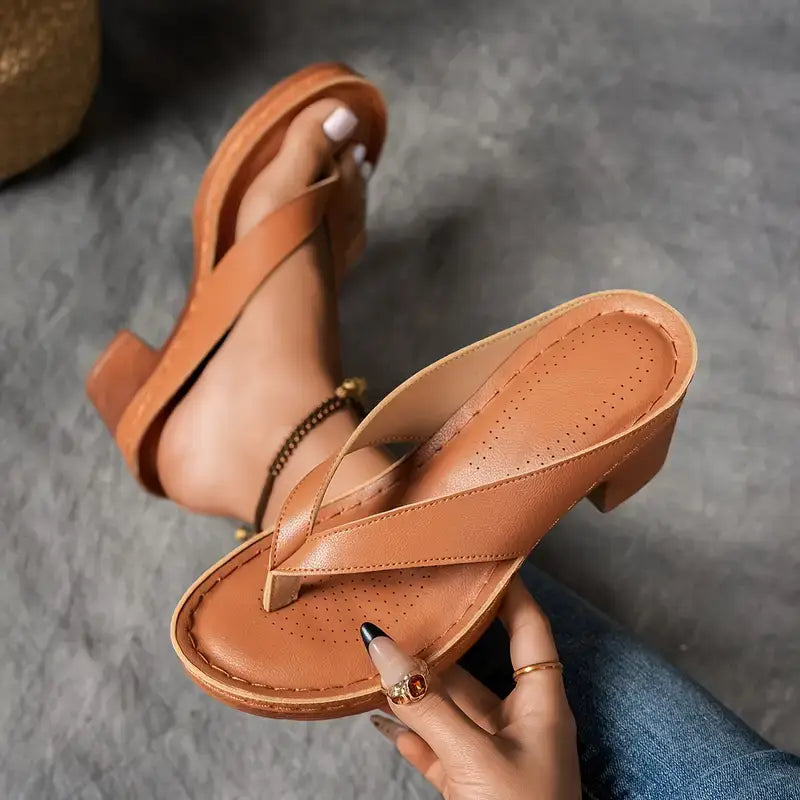 Women's Metallic Thong Sandals – Block Heel Flip Flop Perforated Footbed Summer