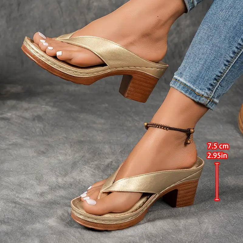 Women's Metallic Thong Sandals – Block Heel Flip Flop Perforated Footbed Summer