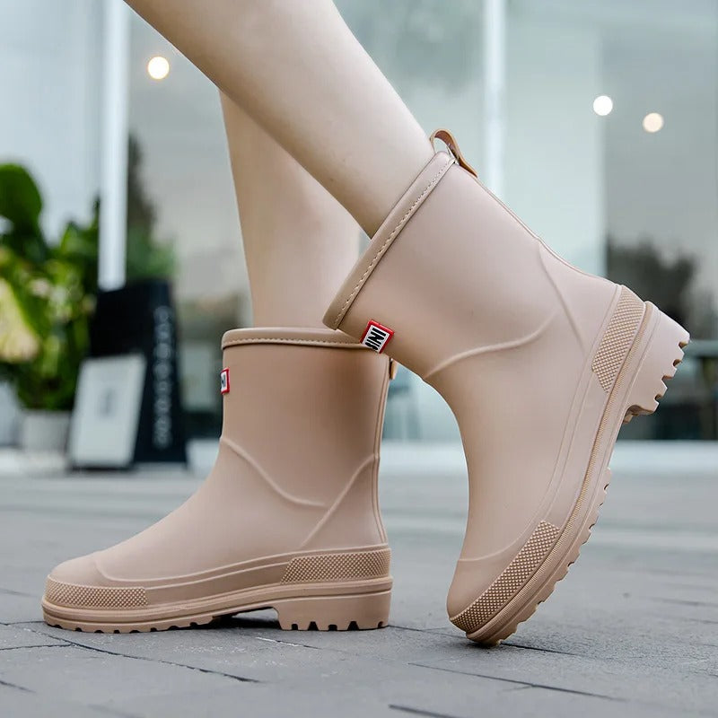 Women's Mid-Ankle Waterproof Rain Boots – Pull-On Lug Sole Wet Weather