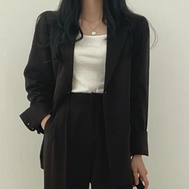 Women's Notch Lapel Two-Piece Suit Set – Single Breasted Blazer Wide Leg Pants