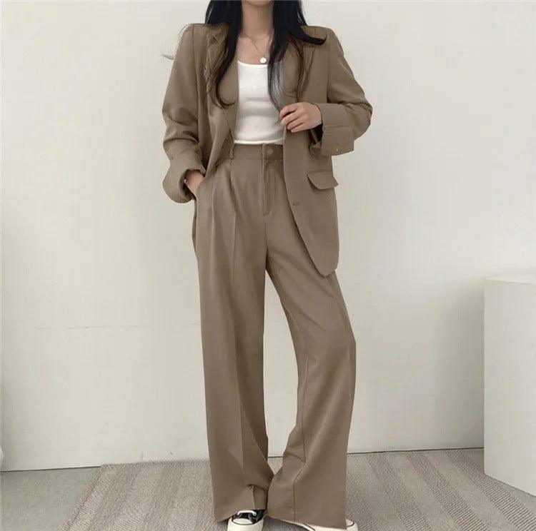 Women's Notch Lapel Two-Piece Suit Set – Single Breasted Blazer Wide Leg Pants