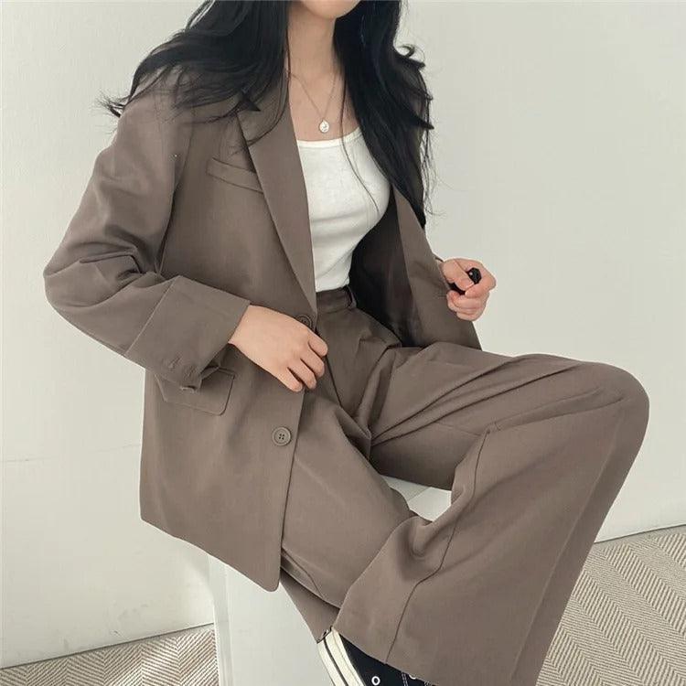 Women's Notch Lapel Two-Piece Suit Set – Single Breasted Blazer Wide Leg Pants