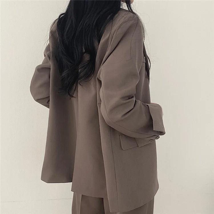 Women's Notch Lapel Two-Piece Suit Set – Single Breasted Blazer Wide Leg Pants