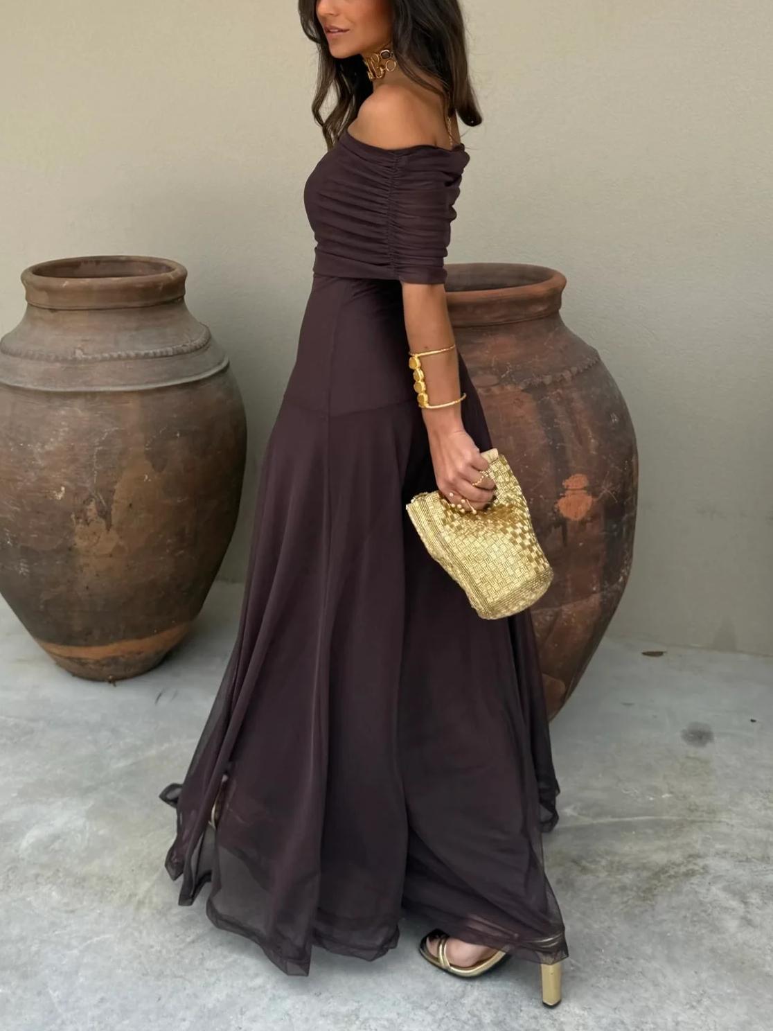 Women's Off Shoulder Sheer Overlay Maxi – Ruched Bodice Wedding Guest Dress