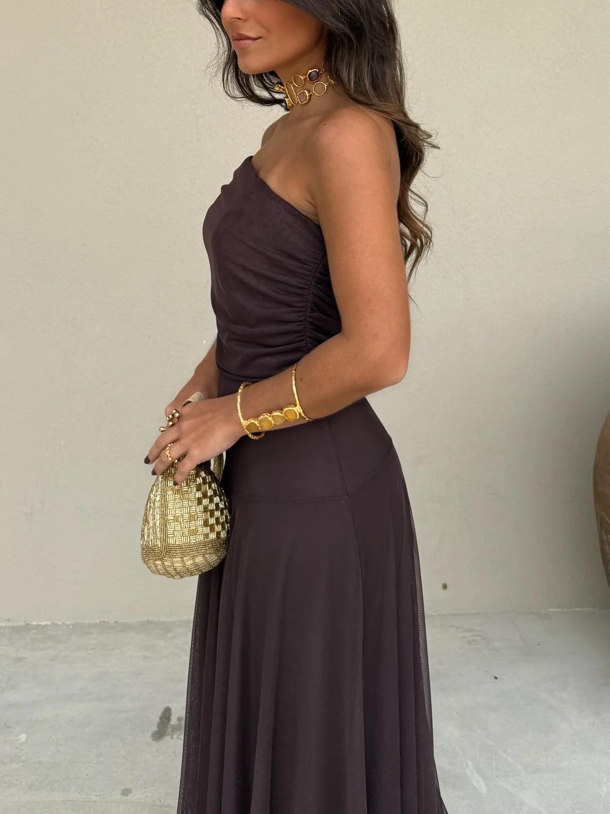 Women's Off Shoulder Sheer Overlay Maxi – Ruched Bodice Wedding Guest Dress