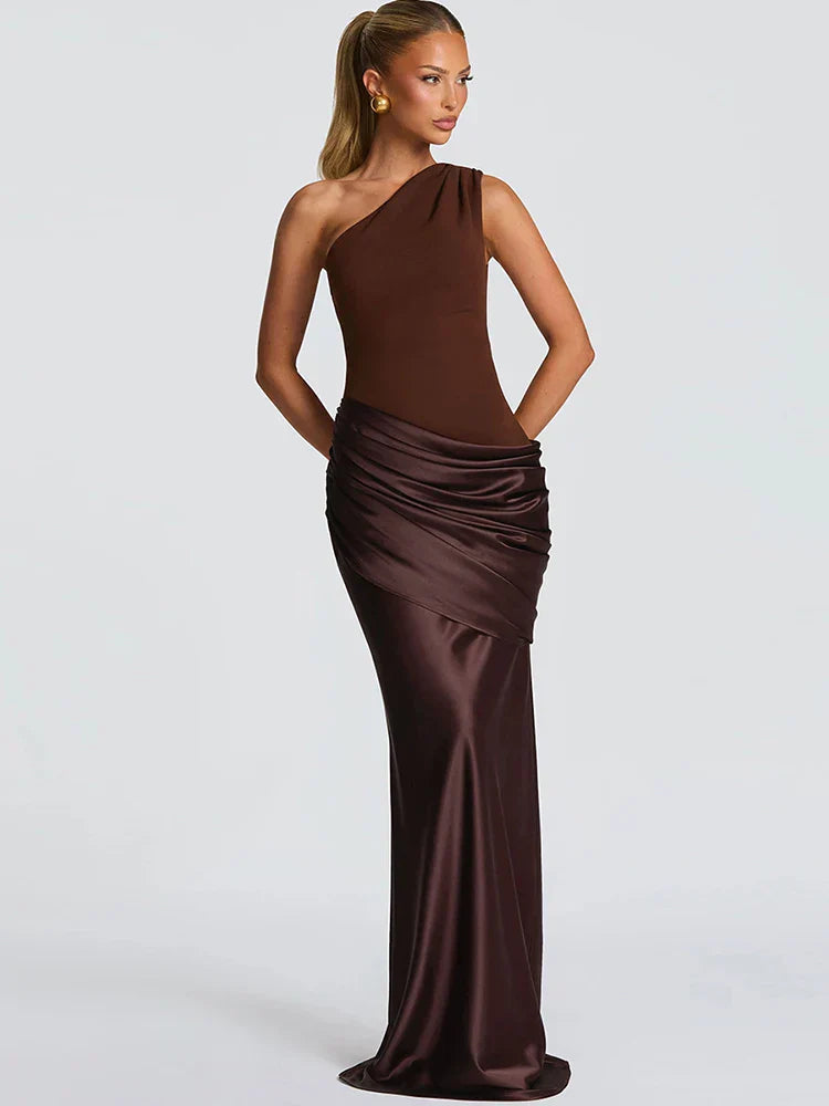 Women's One Shoulder Maxi Dress – Ruched Satin Skirt Sleeveless Wedding Guest