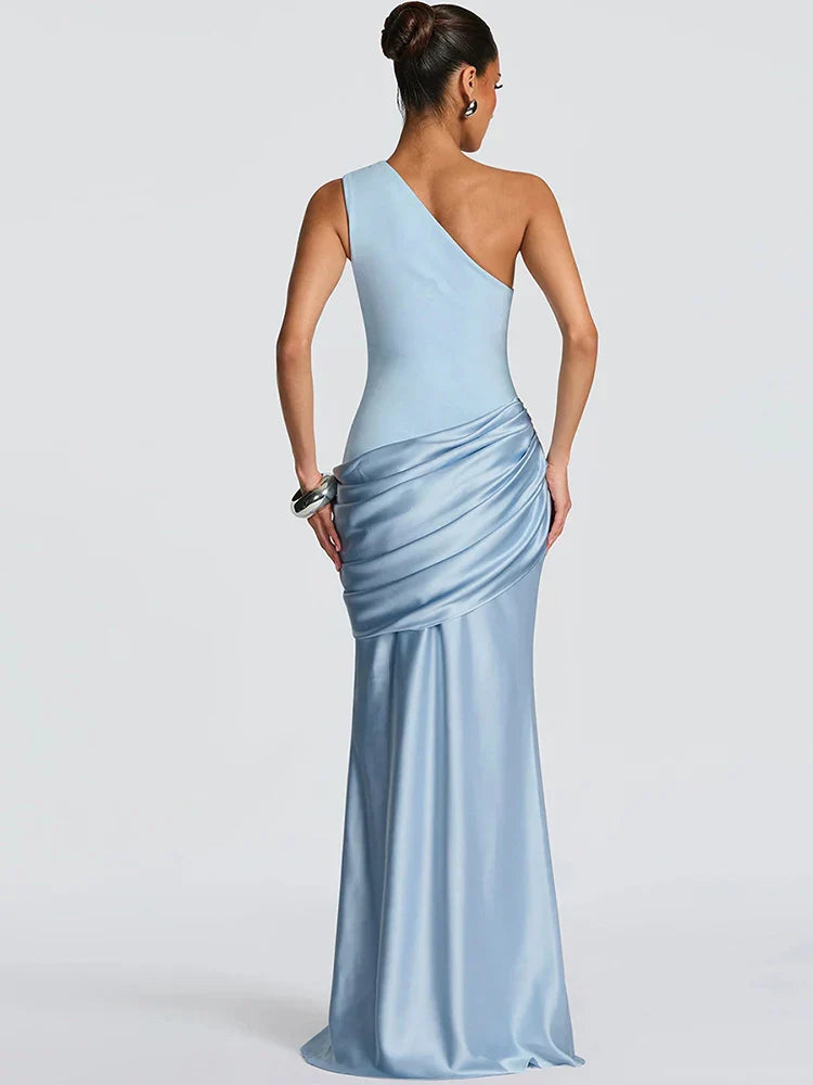 Women's One Shoulder Maxi Dress – Ruched Satin Skirt Sleeveless Wedding Guest
