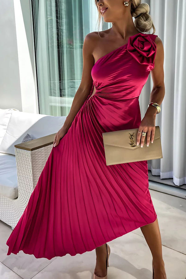 Women's One Shoulder Pleated Midi – Rosette Ruched Wedding Guest Dress