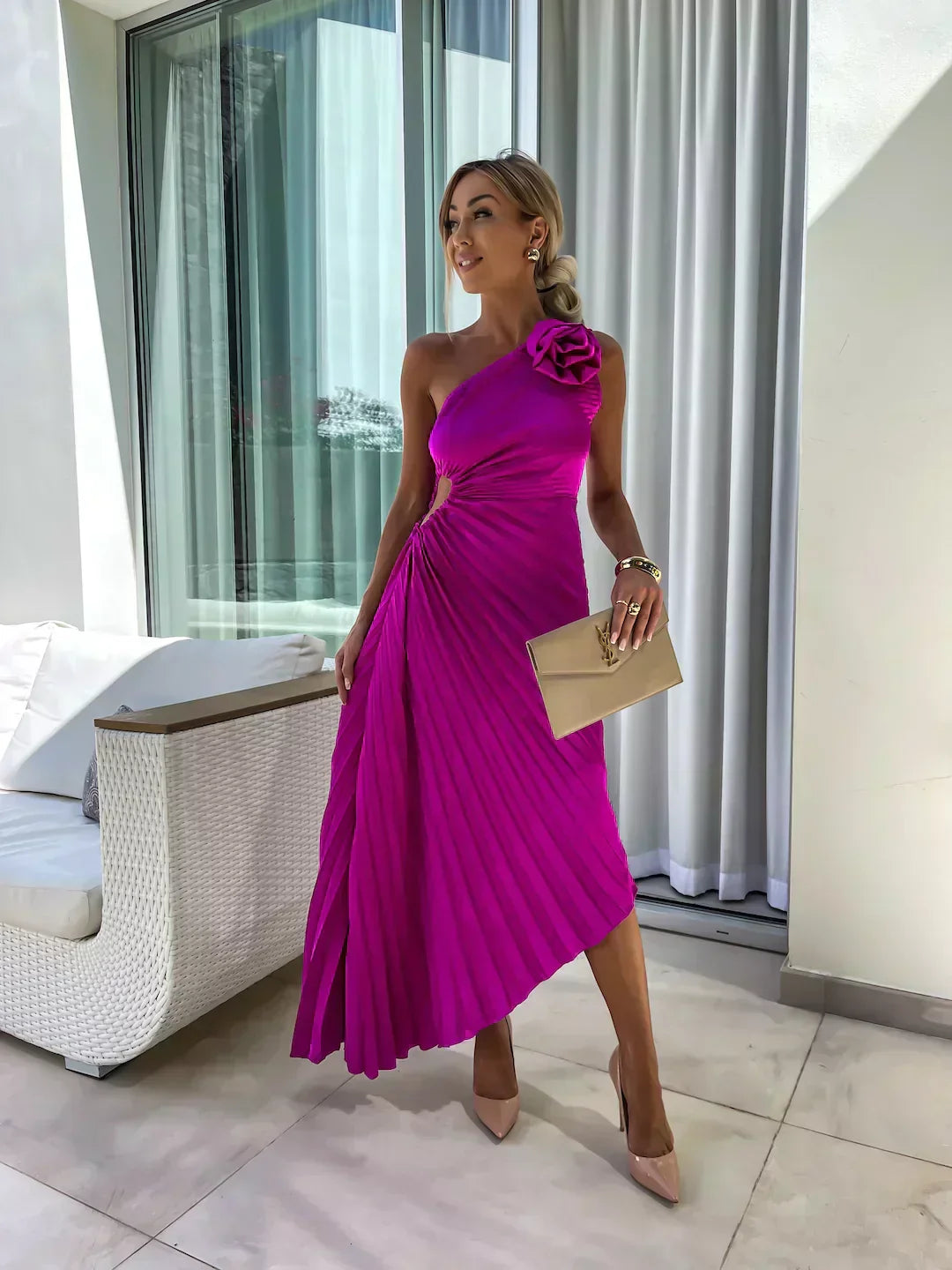 Women's One Shoulder Pleated Midi – Rosette Ruched Wedding Guest Dress