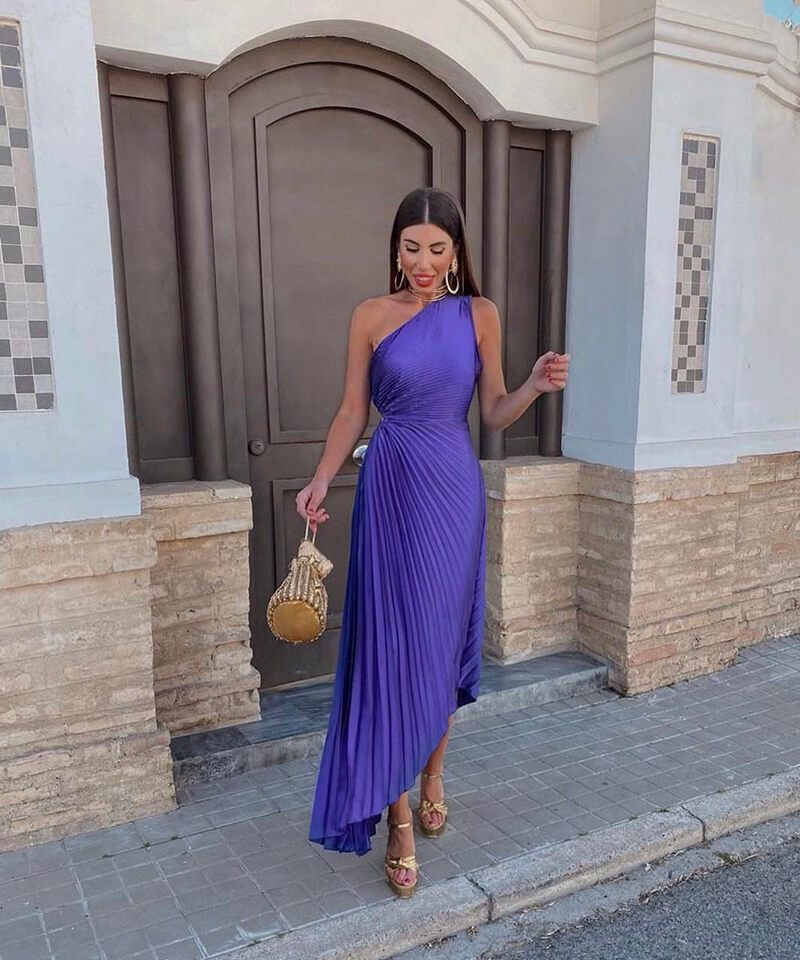 Women's Solid One Shoulder Pleated Midi – Ruched Waist Asymmetric Wedding Guest Dress
