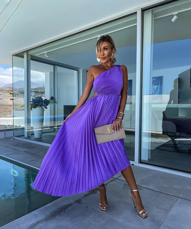 Women's Solid One Shoulder Pleated Midi – Ruched Waist Asymmetric Wedding Guest Dress