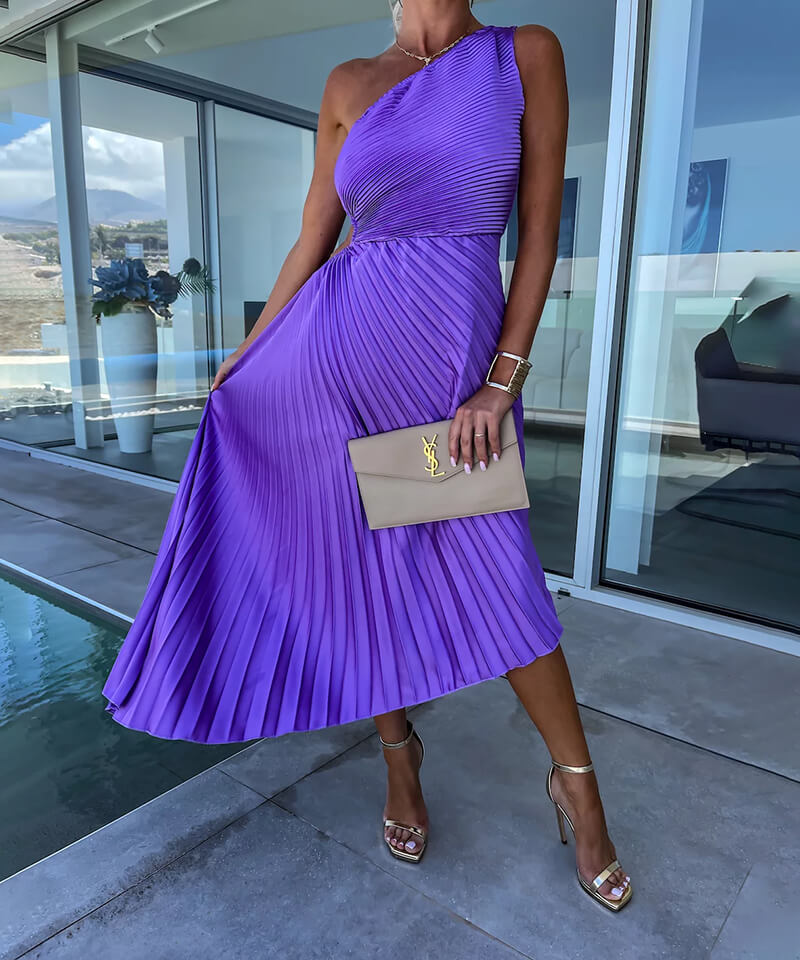 Women's Solid One Shoulder Pleated Midi – Ruched Waist Asymmetric Wedding Guest Dress