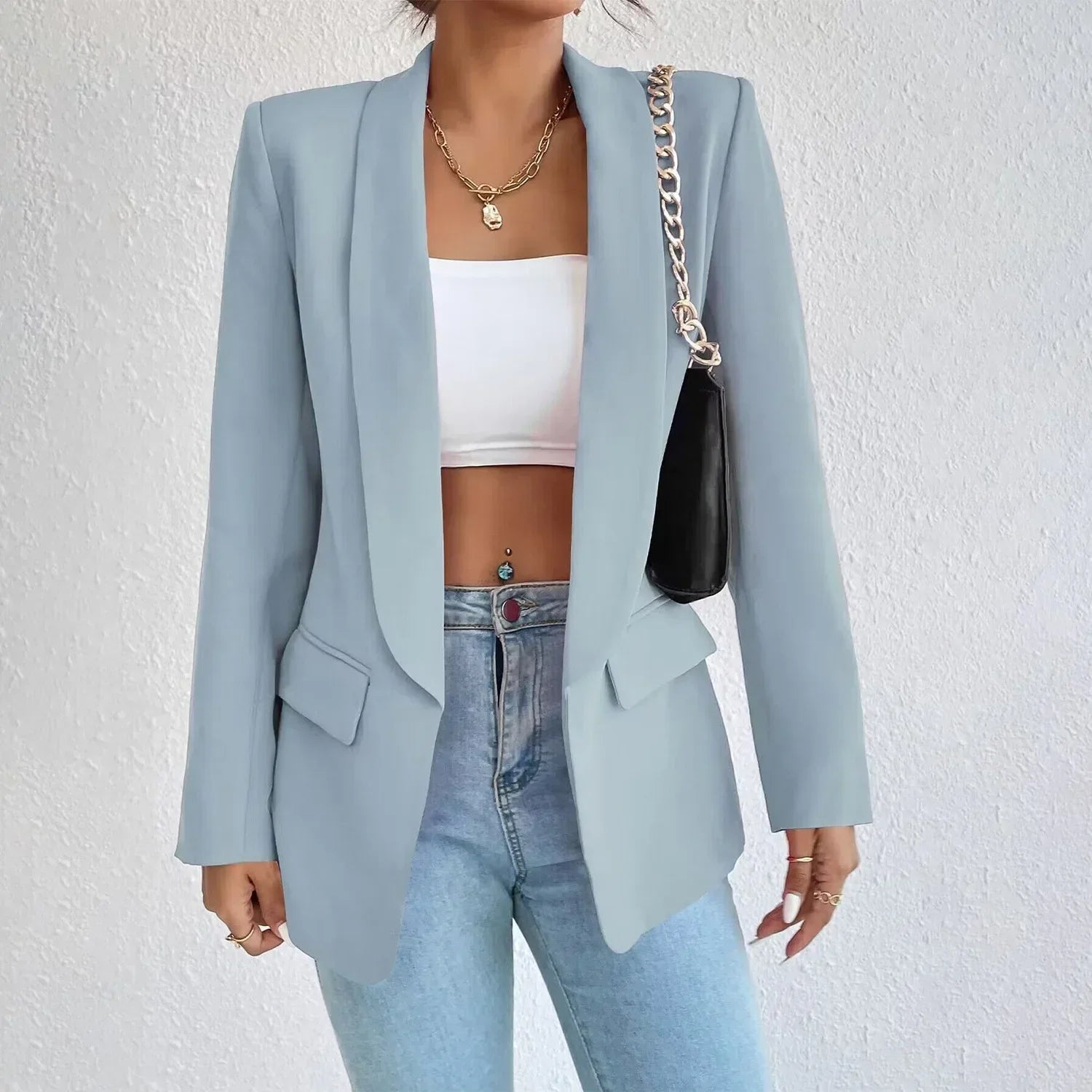 Women's Open Front Shawl Collar Blazer – Flap Pocket Long Sleeve Work Jacket