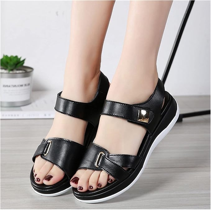 Women's Open Toe Adjustable Strap Flat Sandals – Hook Loop Platform Summer
