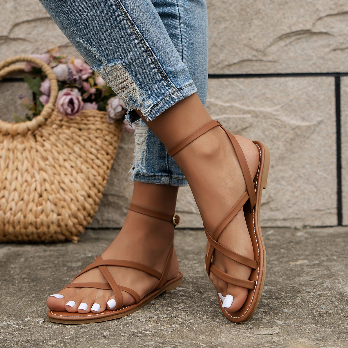 Women's Open Toe Ankle Strap Flat Sandals – Crossover Strappy Boho Summer