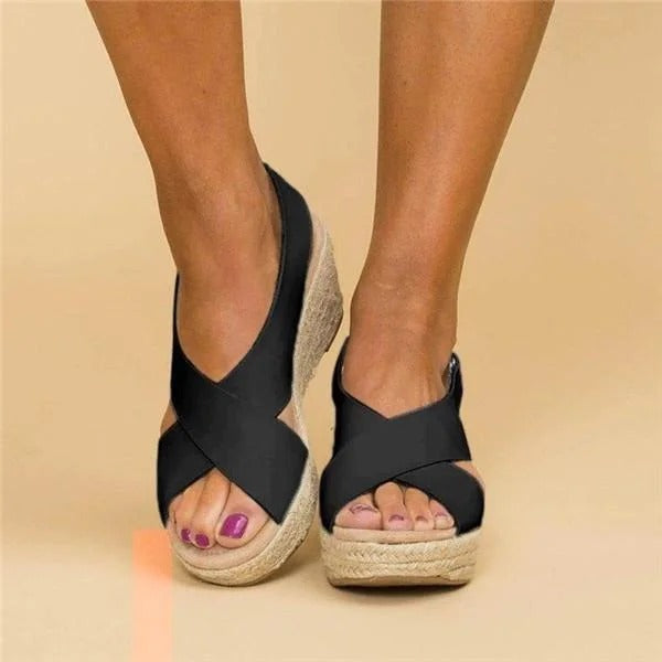 Women's Open Toe Cross Strap Espadrille – Platform Wedge Slingback Sandals