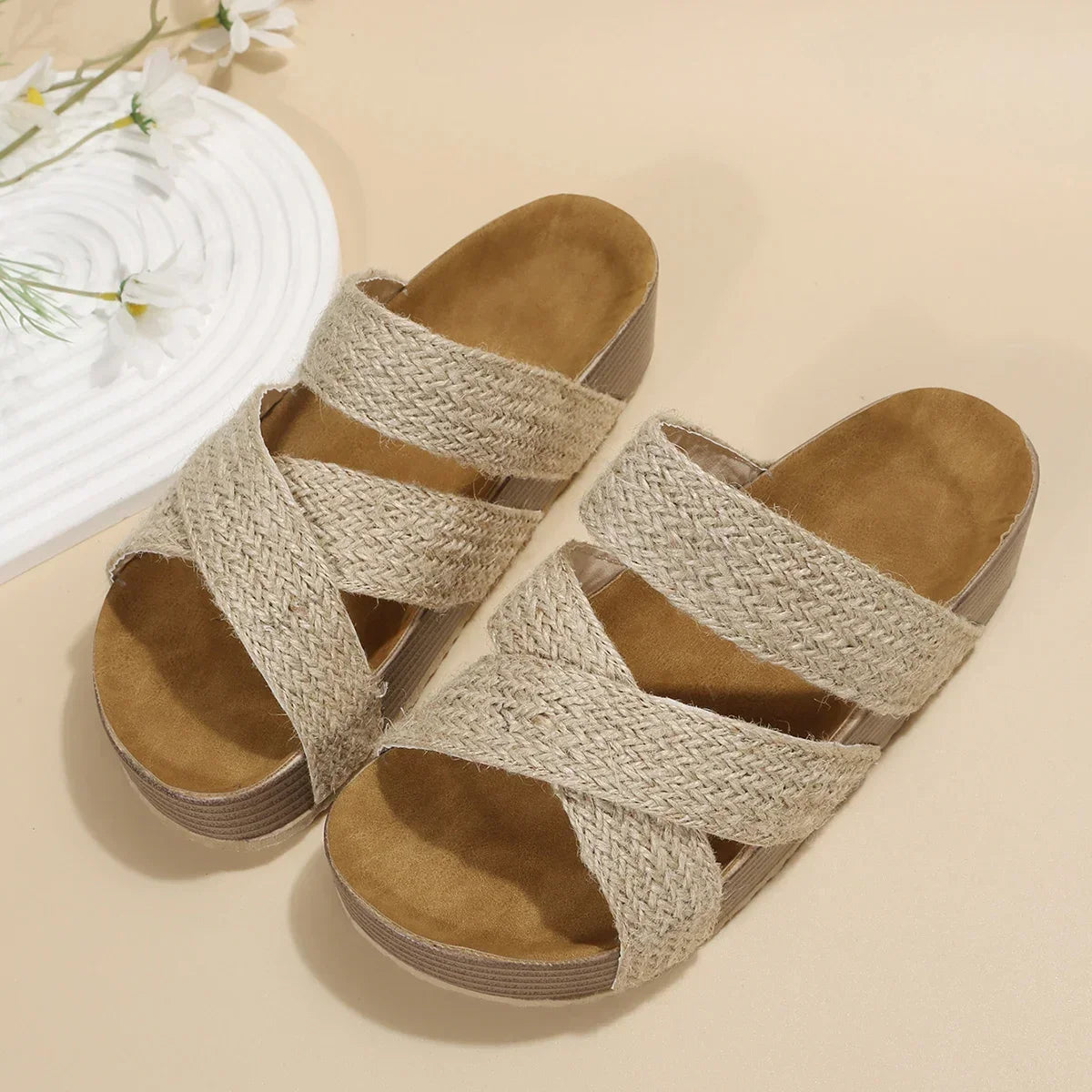 Women's Open Toe Cross Strap Platform Slide Sandals – Braided Band Summer