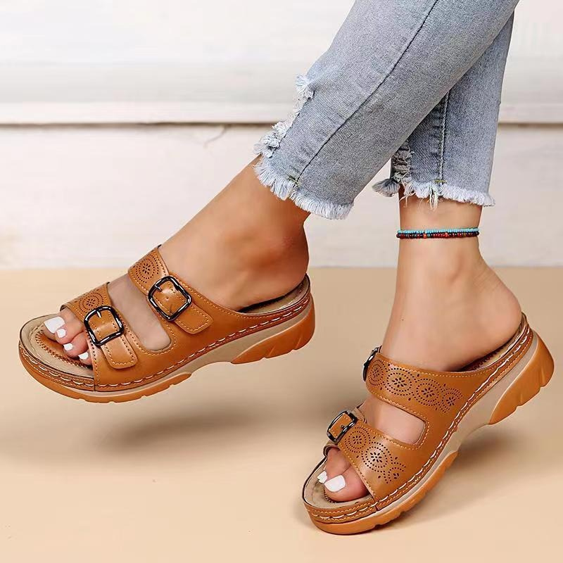 Women's Open Toe Double Buckle Cutout Mule Sandals – Platform Slip On Summer