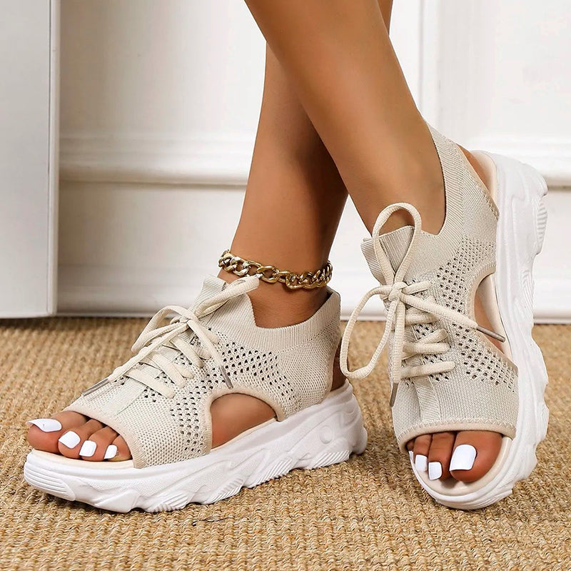 Women's Open Toe Platform Sandals – Lace Up Knit Upper Chunky Sole Casual