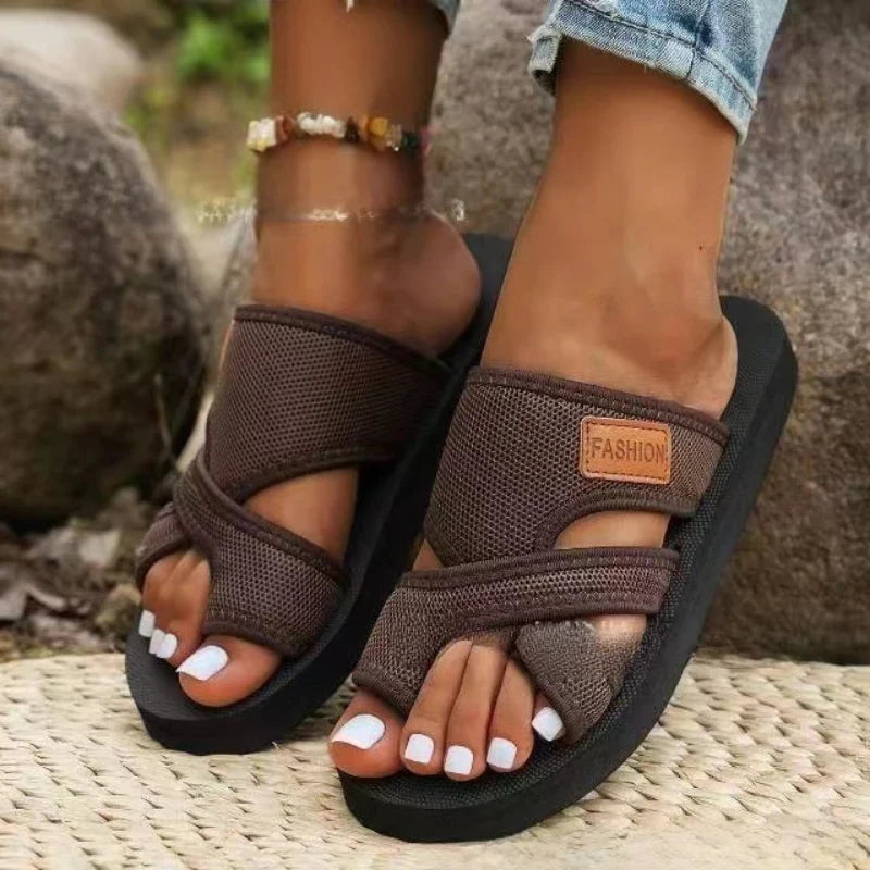 Women's Open Toe Slide Sandals – Crossover Mesh Strap Platform Casual Summer