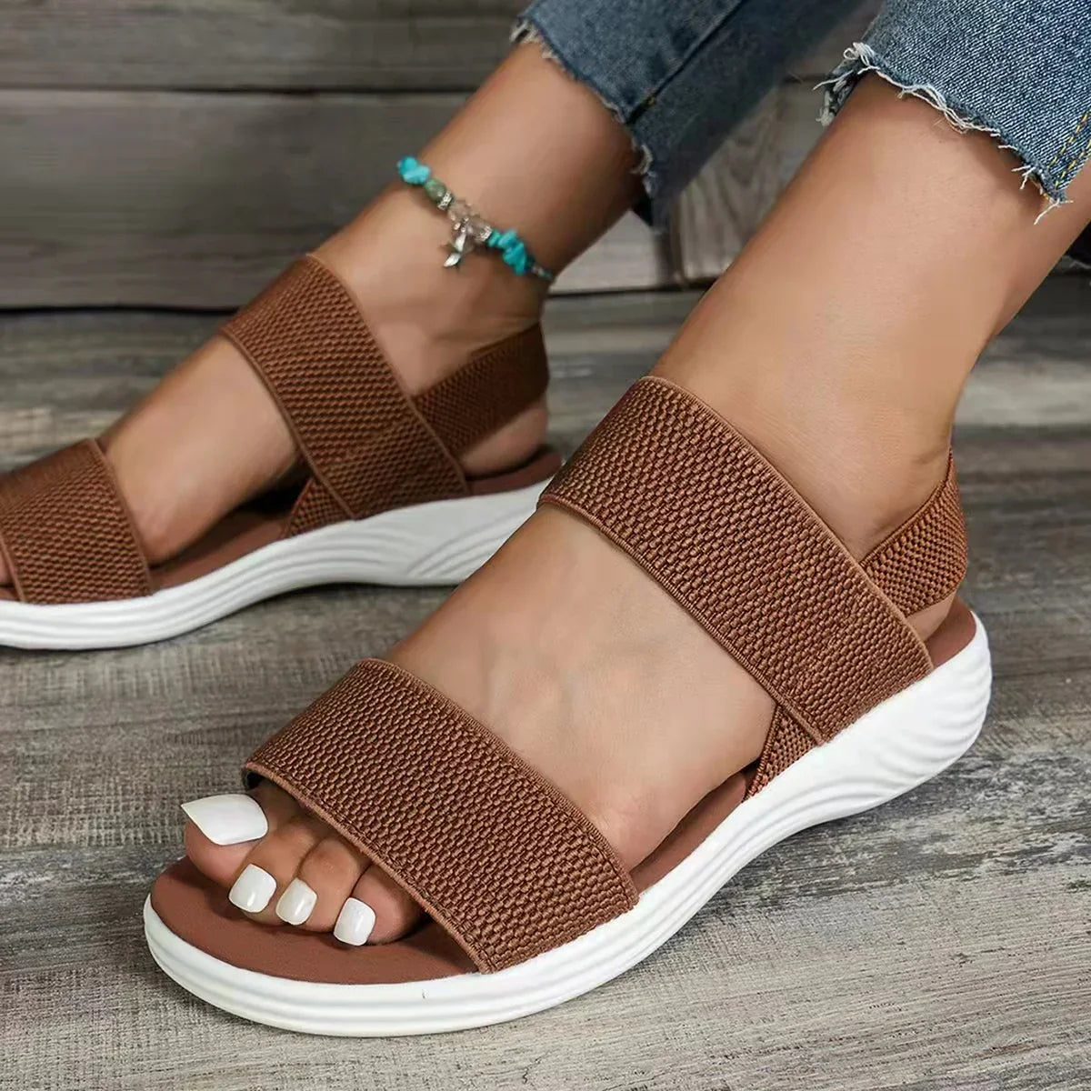 Women's Open Toe Stretch Strap Flat Sandals – Knit Band Slingback Casual